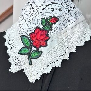 OOAK Scarf Bandana Neck Head Handmade Biker Cowgirl Embroidery Boho Floral Lace